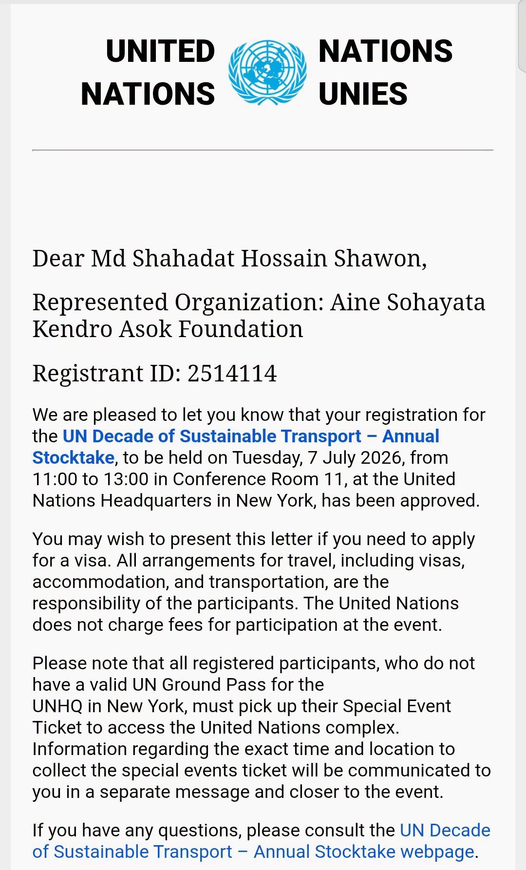 Md. Shahadat Hossain Shaon received approval to participate in the UN Decade of Sustainable Transport – Annual Stocktake 2026 at the UN Headquarters